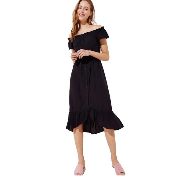 LOFT Dresses & Skirts - LOFT Women's Large Off The Shoulder Button Down Midi Dress Black Ruffle Rayon